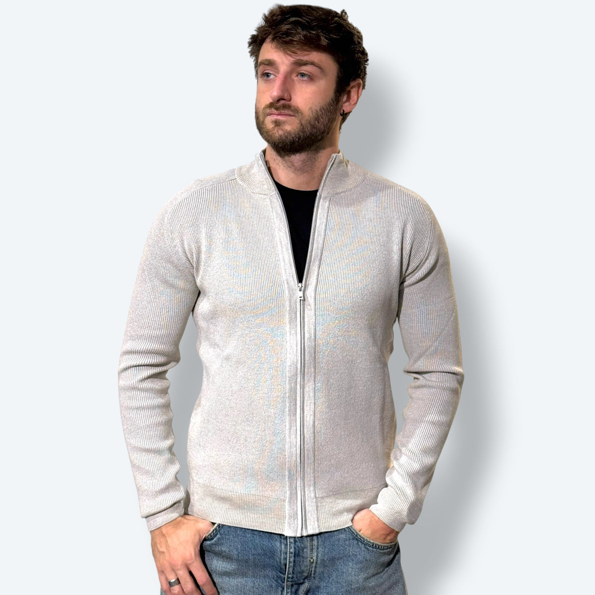Maglia zippata costine